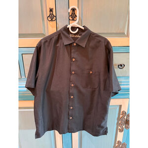 Men's Caribbean Black Short Sleeve Camp Shirt with Gold Embroidery L